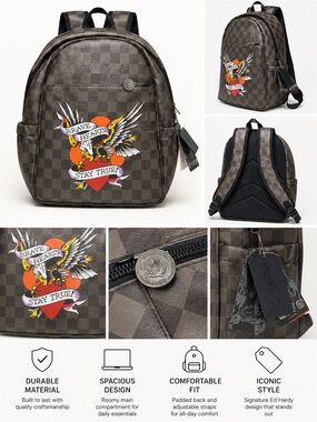 Ed Hardy Brown Checkered Backpack